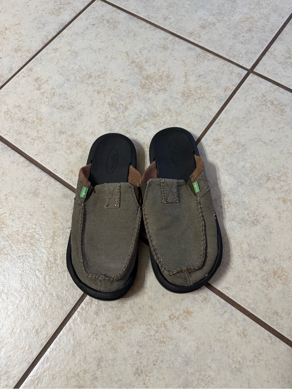 Sanuk Men’s Olive Canvas Slip-On Sandals with Brown Accents